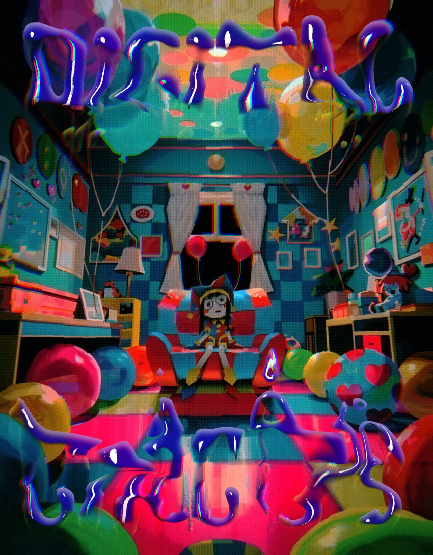 1girl, asymmetrical_gloves, ball, balloon, beachball, billboard, black_hair, blue_gloves, blunt_bangs, blush_stickers, box, caine_(the_amazing_digital_circus), cata_dioptric, character_doll, checkered_couch, checkered_floor, checkered_wall, chromatic_aberration, colored_skin, couch, crt, curtains, desk, desperation, gloves, hat, hat_bell, head_tilt, highres, jester, jester_cap, jester_costume, loaded_interior, mismatched_gloves, multicolored_background, multicolored_clothes, multicolored_hat, picture_frame, pomni_(the_amazing_digital_circus), ragatha_(the_amazing_digital_circus), red_gloves, sidelocks, sitting, solo, squiggle_eyes, star_ornament, striped_clothes, striped_headwear, the_amazing_digital_circus, tile_floor, tiles, vertical-striped_bodysuit, vertical-striped_clothes, vertical-striped_headwear, white_skin, window
