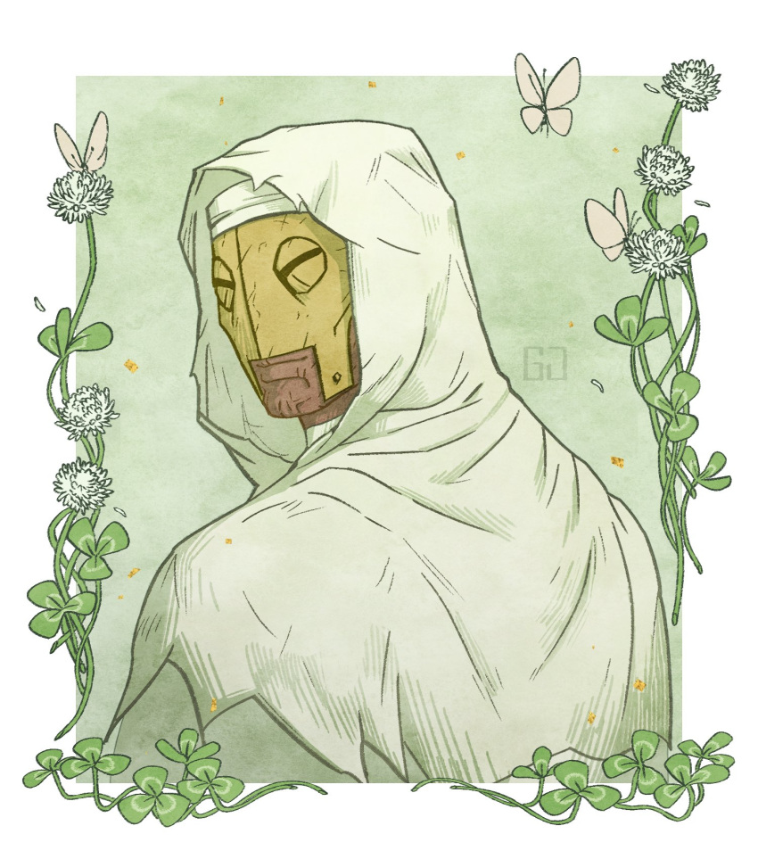 1boy, border, bug, butterfly, capelet, closed_mouth, clover, commentary