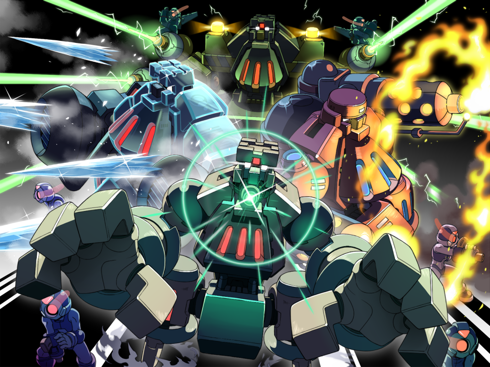 arm_cannon, attack, energy_beam, faceless, flamethrower, floating, glowing, glowing_eyes, golem_(mega_man), joints, laser, mega_man_(series), mega_man_zero_(series), mega_man_zero_2, mouth_beam, napo, no_humans, non-humanoid_robot, one-eyed, pantheon_(mega_man), robot, robot_joints, weapon
