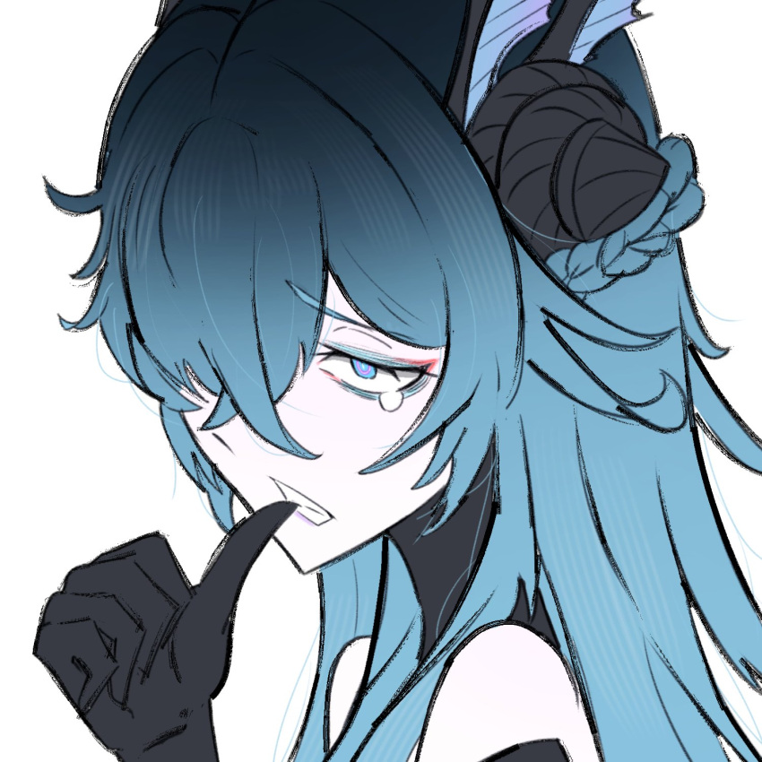 1girl, aqua_eyes, aqua_hair, biting_own_finger, braid, crossed_bangs, detached_collar, fins