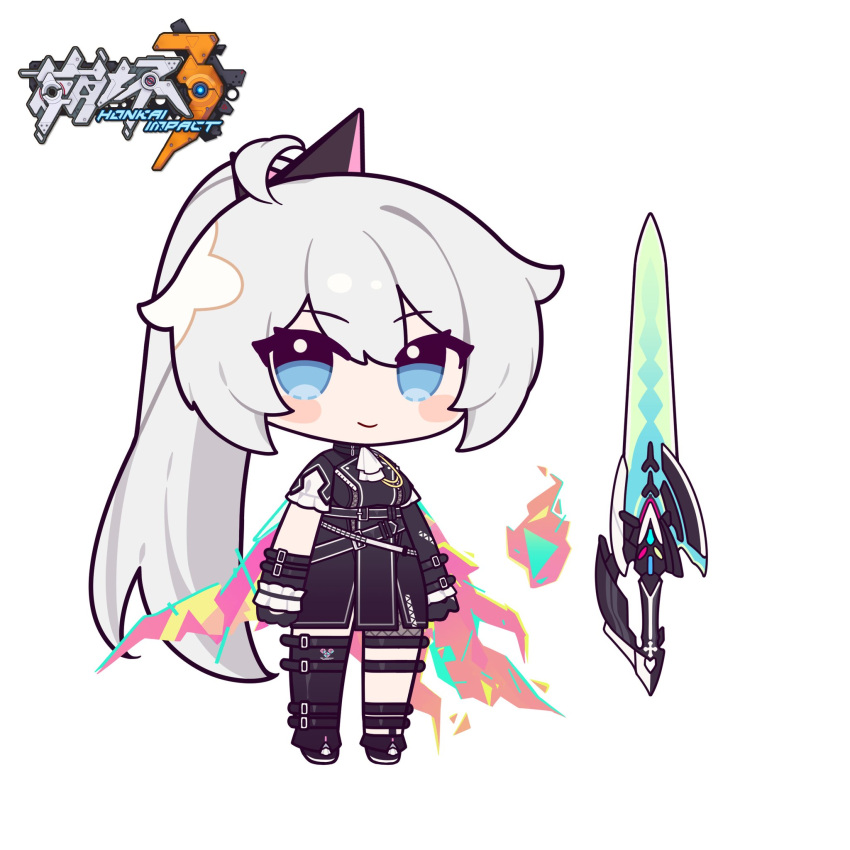 1girl, ahoge, blue_eyes, blush_stickers, cape, commentary_request, copyright_name, deformed, flaming_sword, flaming_weapon, full_body, grey_hair, hair_between_eyes, high_ponytail, highres, honkai_(series), honkai_impact_3rd, kiana_kaslana, kiana_kaslana_(herrscher_of_flamescion), light_smile, lio_fotia, long_hair, looking_at_viewer, official_alternate_costume, promare, short_sleeves, simple_background, solo, standing, sword, torn_cape, torn_clothes, toya_kaisei, very_long_hair, weapon, white_background