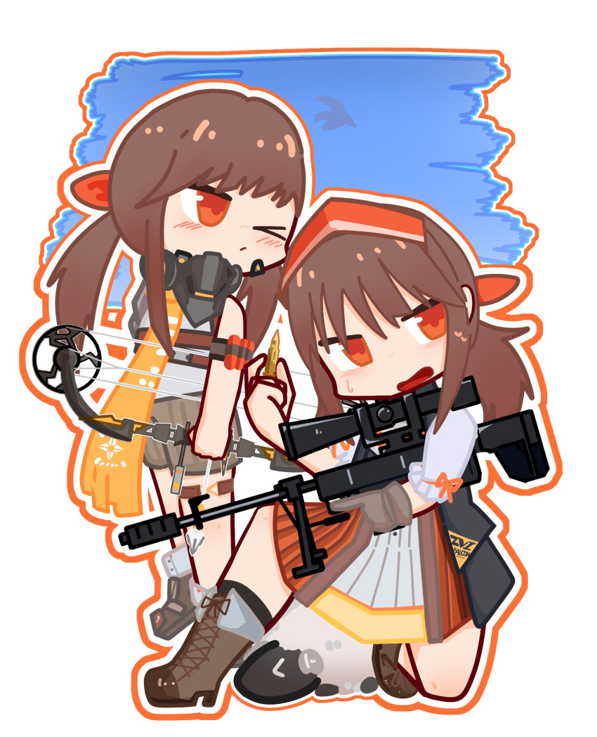 2girls, anti-materiel_rifle, arrow_(projectile), blush, bow_(weapon), brown_gloves, brown_hair, bullet