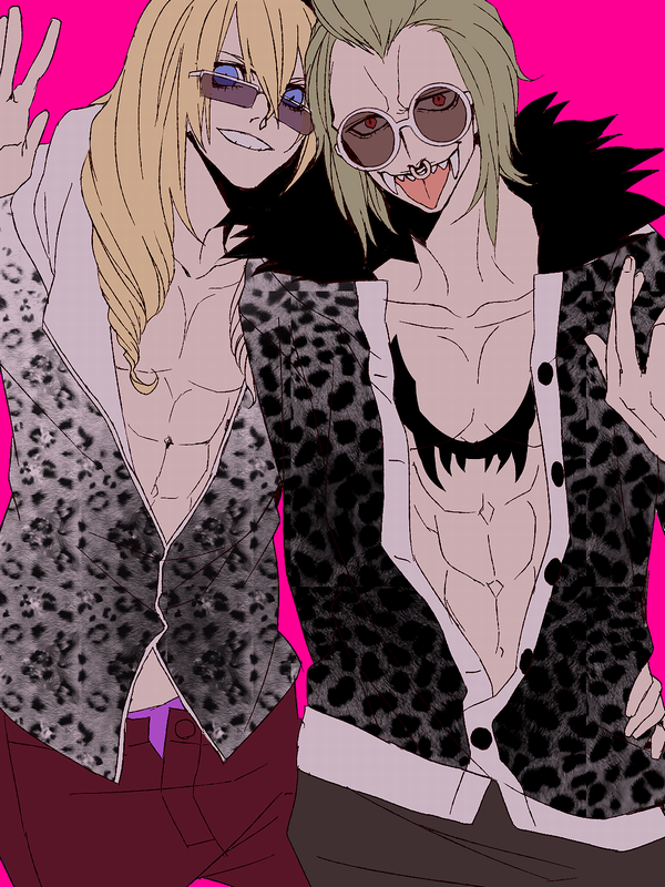 2boys, abs, akizuki_hakuto, bad_id, bad_pixiv_id, bartolomeo, blonde_hair, blue_eyes