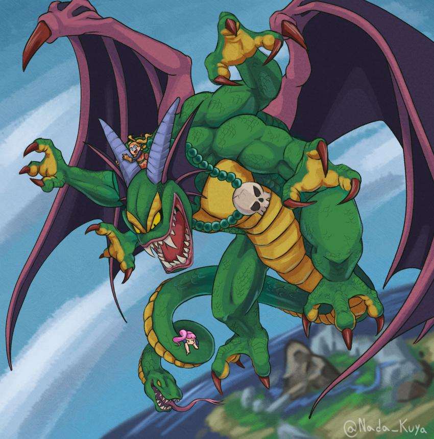 1boy, 2girls, bat_wings, blonde_hair, blurry, blurry_background, claws, colored_sclera, dragon_quest, dragon_quest_builders_2, english_commentary, extra_arms, female_builder_(dqb2), floating_hair, flying, green_scales, highres, horns, jewelry, monster, multiple_girls, necklace, octo-l95, open_mouth, pink_hair, ruru_(dqb2), scales, sharp_teeth, sidoh, skull_necklace, tail, tail_wrap, teeth, twintails, twitter_username, wings, yellow_sclera