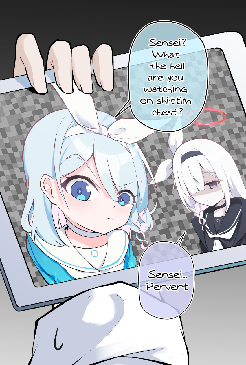 1boy, 2girls, absurdres, arona_(blue_archive), black_serafuku, blue_archive, blue_eyes, blue_hair