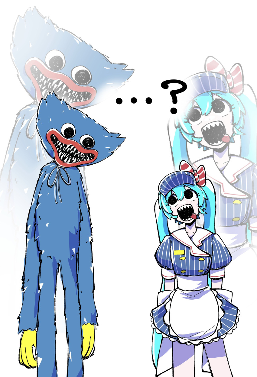 ..., ?, absurdres, apron, aqua_hair, arms_at_sides, black_eyes, black_mouth, blue_dress, blue_fur, blue_hat, bow, buttons, commentary, crazy, diagonal-striped_bow, double-breasted, dress, empty_eyes, eye_contact, feet_out_of_frame, frilled_apron, frilled_dress, frills, gloves, grey_ribbon, hair_between_eyes, hat, hat_bow, hatsune_miku, head_tilt, highres, huggy_wuggy, lips, long_arms, long_hair, long_legs, looking_at_another, looking_down, looking_to_the_side, looking_up, mesmerizer_(vocaloid), monster, neck_ribbon, pale_skin, pinstripe_dress, pinstripe_hat, pinstripe_pattern, poppy_playtime, puffy_short_sleeves, puffy_sleeves, red_bow, red_lips, ribbon, sharp_teeth, short_sleeves, side-by-side, sketch, standing, striped_clothes, striped_dress, tansu_(kiritns_mk), teeth, tongue, tongue_out, vertical-striped_clothes, vertical-striped_dress, very_long_hair, visor_cap, vocaloid, waist_apron, white_background, white_bow, white_dress, yellow_gloves, zoom_layer