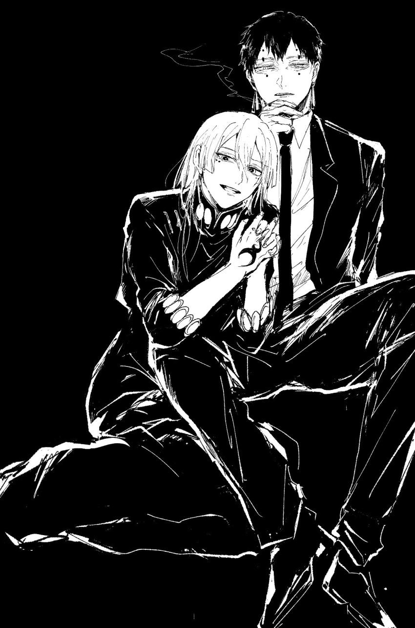 21g_yaseru, 2boys, androgynous, arm_at_side, black_background, cigarette, double-parted_bangs, dress_pants, dress_shoes, earrings, facial_mark, formal, full_body, greyscale, hand_tattoo, hand_up, high_collar, highres, hirohiko_(kagurabachi), holding, holding_cigarette, implied_yaoi, interlocked_fingers, invisible_chair, jacket, jewelry, kagurabachi, leaning_on_person, legs_together, long_hair, looking_at_viewer, lying, male_focus, mark_under_both_eyes, monochrome, multiple_boys, necktie, on_side, own_hands_together, pants, parted_lips, short_hair, simple_background, sitting, sleeves_past_elbows, smile, smoke, smoking, spread_legs, suit, suit_jacket, tattoo, teeth, yura_(kagurabachi)