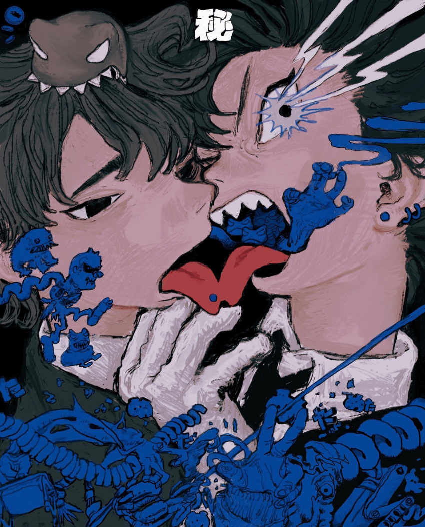 2boys, abstract_background, black_background, black_eyes, brown_hair, creature, ear_piercing, electricity