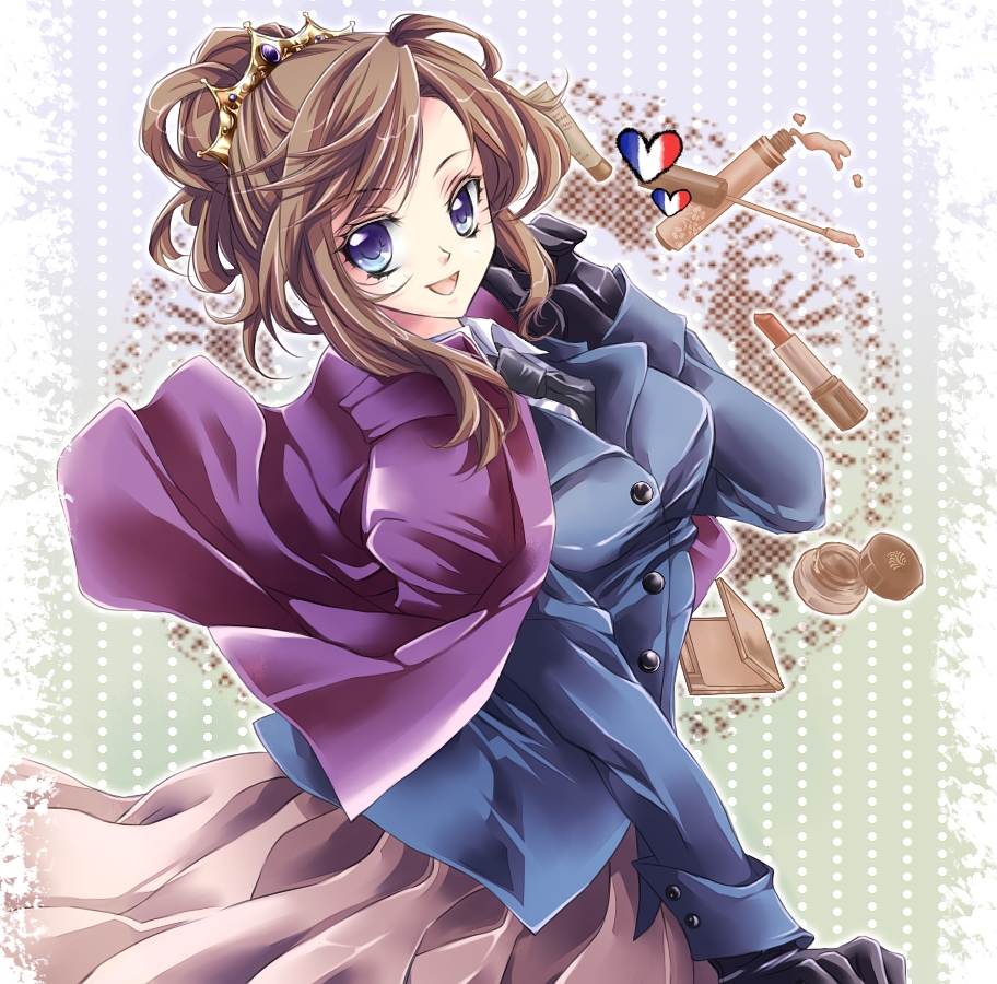 axis_powers_hetalia, bad_id, blue_eyes, breasts, brown_hair, cape, crown, dress