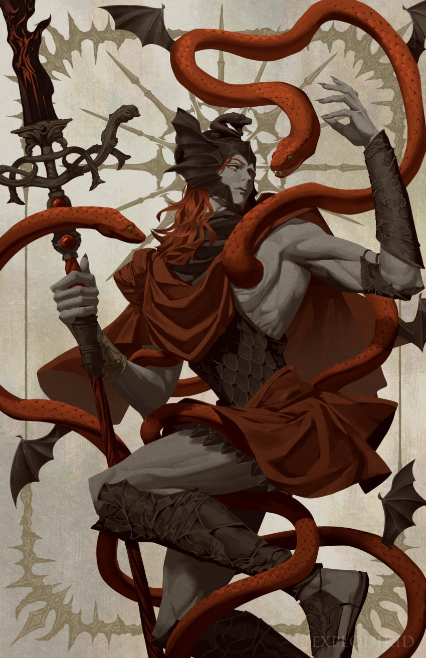 1boy, arm_up, armor, bat_wings, bracer, breastplate, claws, closed_mouth, commentary, elden_ring, elden_ring:_shadow_of_the_erdtree, english_commentary, explodikid, fangs, greaves, green_eyes, helm, helmet, highres, holding, holding_polearm, holding_weapon, knee_up, leather_armor, leather_footwear, long_hair, looking_at_animal, male_focus, messmer_the_impaler, ornate_armor, ornate_weapon, pectorals, polearm, red_shawl, red_snake, redhead, sandals, shawl, sidepec, single_bare_shoulder, snake, snake_wrapped_around_body, solo, twitter_username, weapon, wings, yellow_eyes