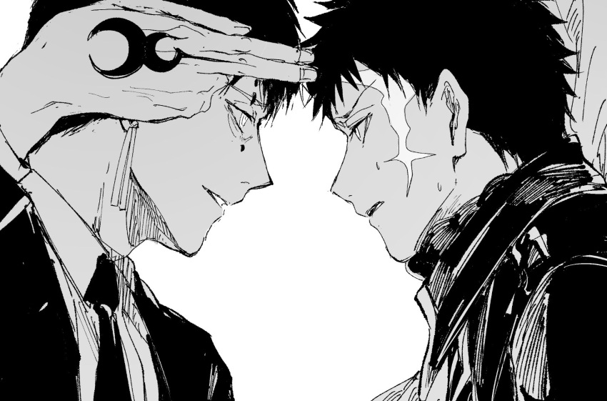 21g_yaseru, 2boys, collared_shirt, double_finger_gun, earrings, eye_contact, faceoff, facial_mark