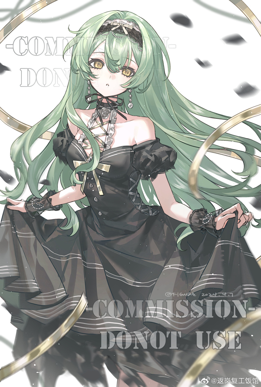 1girl, absurdres, bare_shoulders, beads, black_choker, black_dress, black_hairband, black_ribbon, black_sleeves, black_wrist_cuffs, bow, buttons, center_frills, chinese_commentary, choker, commentary_request, commission, cowboy_shot, cross-laced_clothes, cross-laced_dress, dated, dress, earrings, eyelashes, flower, frilled_dress, frilled_wrist_cuffs, frills, gold_bowtie, gold_ring, green_hair, hair_beads, hair_between_eyes, hair_bow, hair_intakes, hair_ornament, hairband, highres, jewelry, light_particles, long_hair, neck_flower, neck_ribbon, original, parted_lips, petals, puffy_short_sleeves, puffy_sleeves, ribbon, rose, sample_watermark, short_sleeves, sidelocks, signature, skirt_hold, sleeveless, sleeveless_dress, solo, sphere_earrings, tacfigure, watermark, weibo_watermark, white_background, white_bow, white_flower, white_rose, wrist_cuffs, yellow_eyes