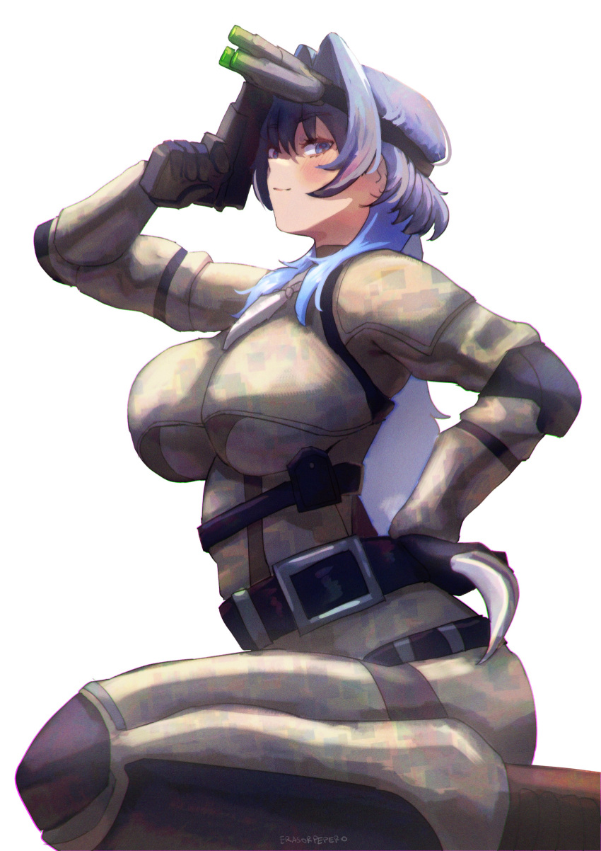 1girl, absurdres, artist_name, belt, breasts, commentary, dual_wielding, elbow_pads