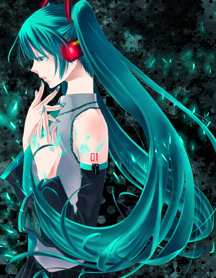 1girl, aqua_eyes, aqua_hair, bad_id, detached_sleeves, hatsune_miku, kuroki_makoto, long_hair, nail_polish, necktie, profile, solo, twintails, very_long_hair, vocaloid