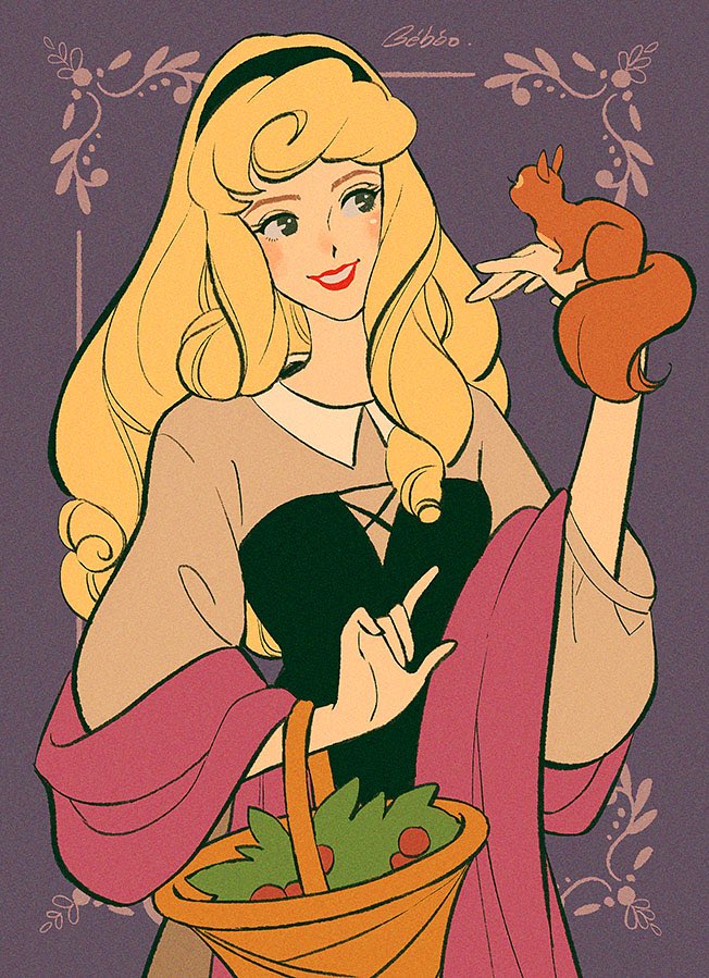 1girl, animal, artist_name, aurora_(disney), bbo_sy, black_corset, black_headband, blonde_hair, commentary, corset, cowboy_shot, dress, eyelashes, headband, holding, long_hair, long_sleeves, purple_background, red_lips, sleeping_beauty, sleeping_beauty_(disney), smile, squirrel