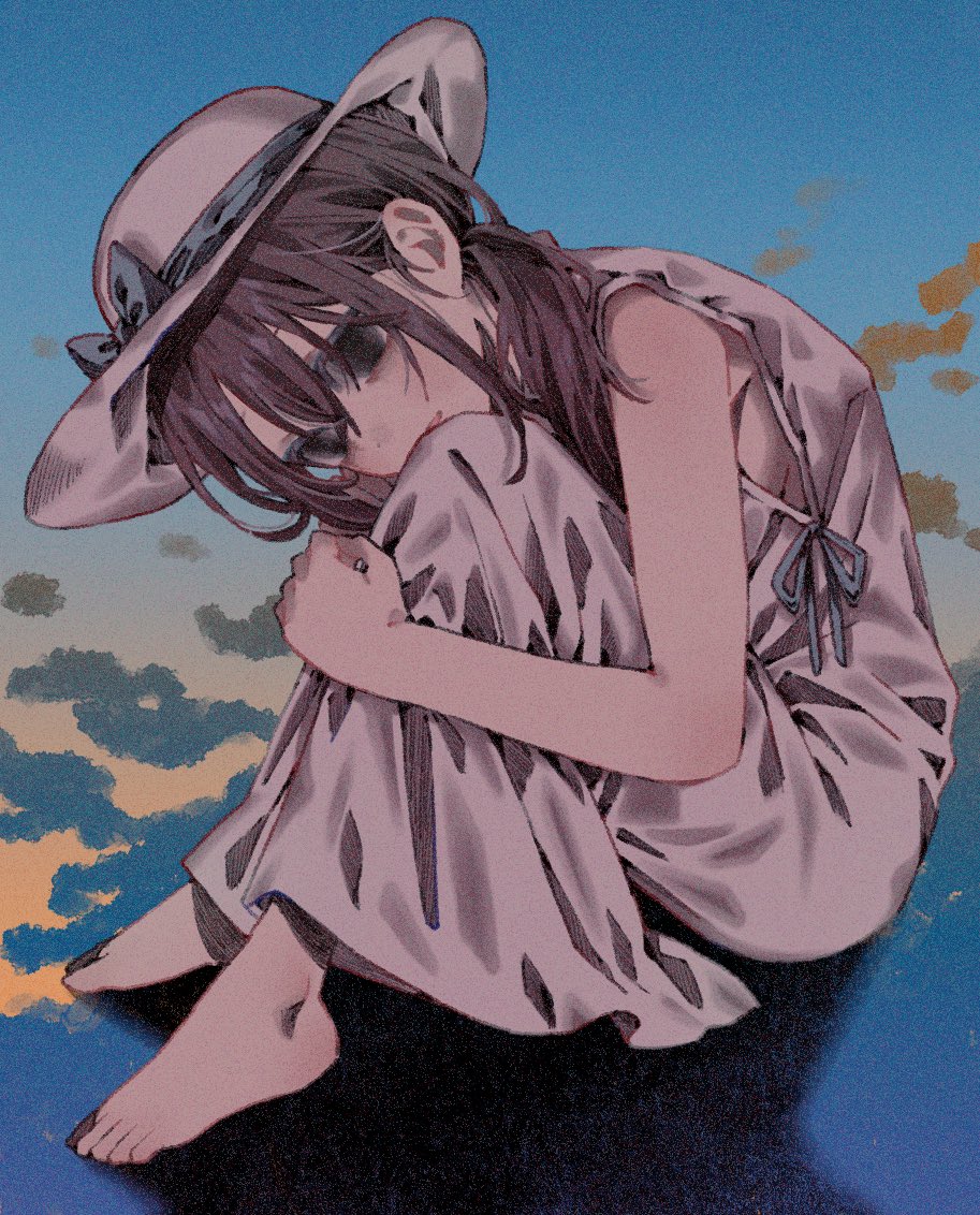 1girl, bare_arms, barefoot, brown_hair, clouds, dress, full_body, hat, hugging_own_legs, iyowa_girls, knees_up, long_hair, sitting, sleeveless, sleeveless_dress, solo, tere_douga, uwagaki_(vocaloid), white_dress, white_hat