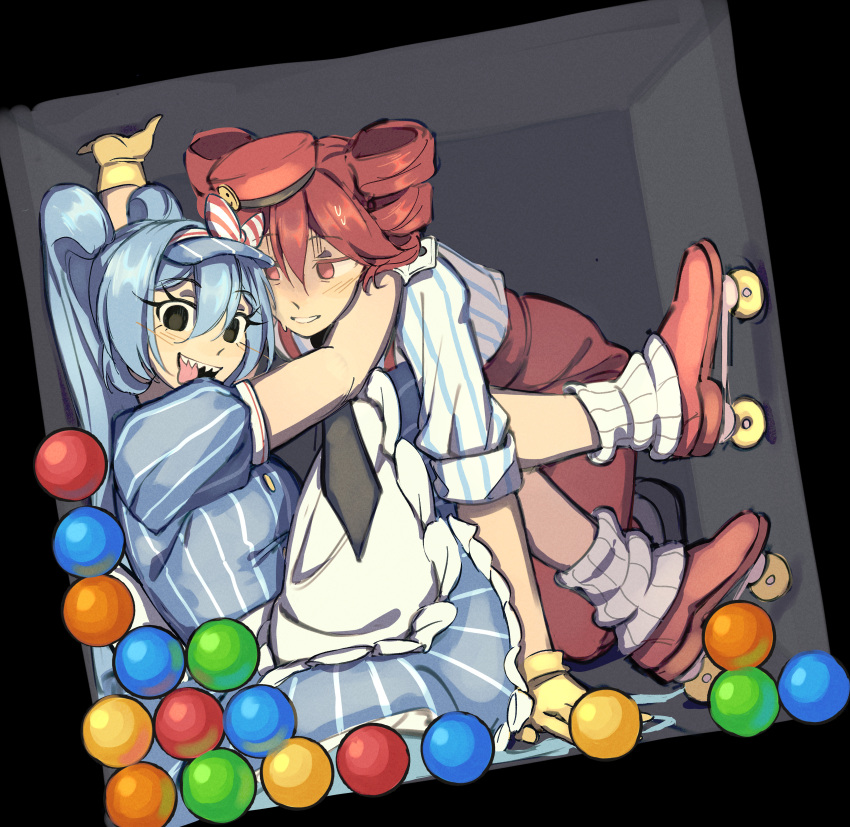 2girls, absurdres, ball, black_eyes, blue_hair, commentary, crazy, drill_hair