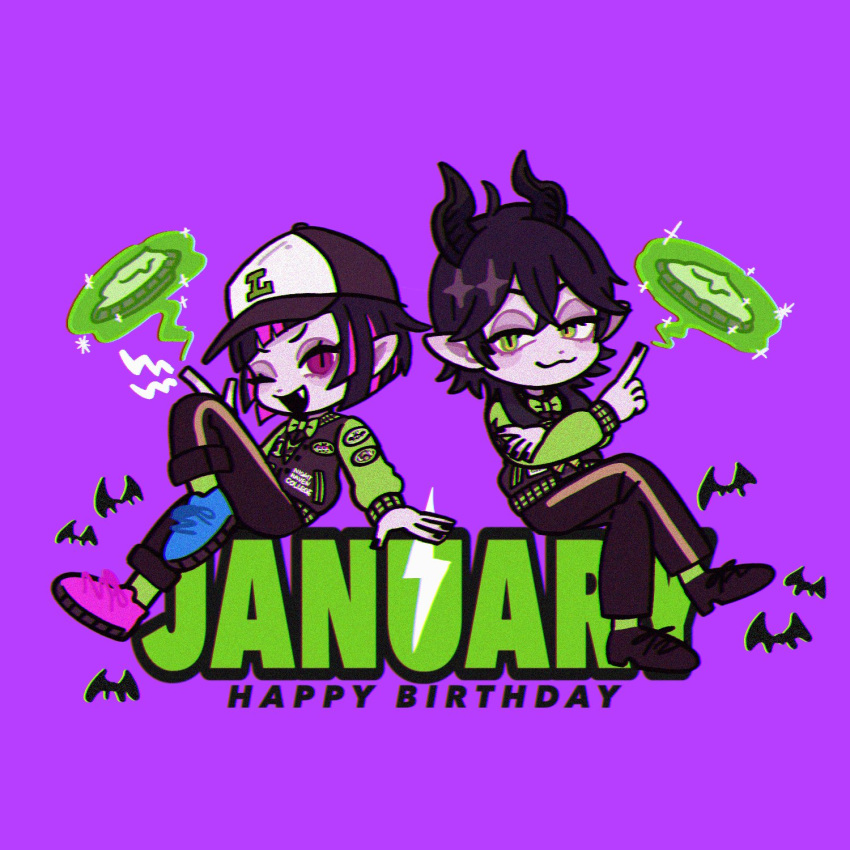 2boys, baseball_cap, black_hair, commentary, dragon_boy, dragon_horns, fang, full_body, green_eyes, happy_birthday, hat, highres, horns, jacket, letterman_jacket, lilia_vanrouge, long_hair, looking_at_viewer, male_focus, malleus_draconia, multicolored_hair, multiple_boys, pink_hair, pointy_ears, purple_background, short_hair, simple_background, sitting, streaked_hair, symbol-only_commentary, tbr0009, telekinesis, twisted_wonderland
