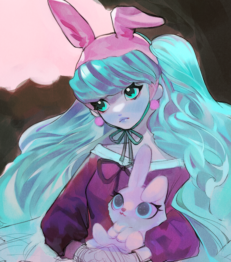 1girl, animal, animal_ears, animal_hat, aqua_eyes, aqua_hair, commentary, dustin_(monster_high)