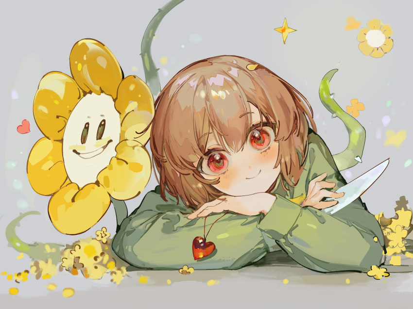 1other, blush, buttercup_(flower), chara_(undertale), chinese_commentary, closed_mouth, commentary_request, crossed_arms