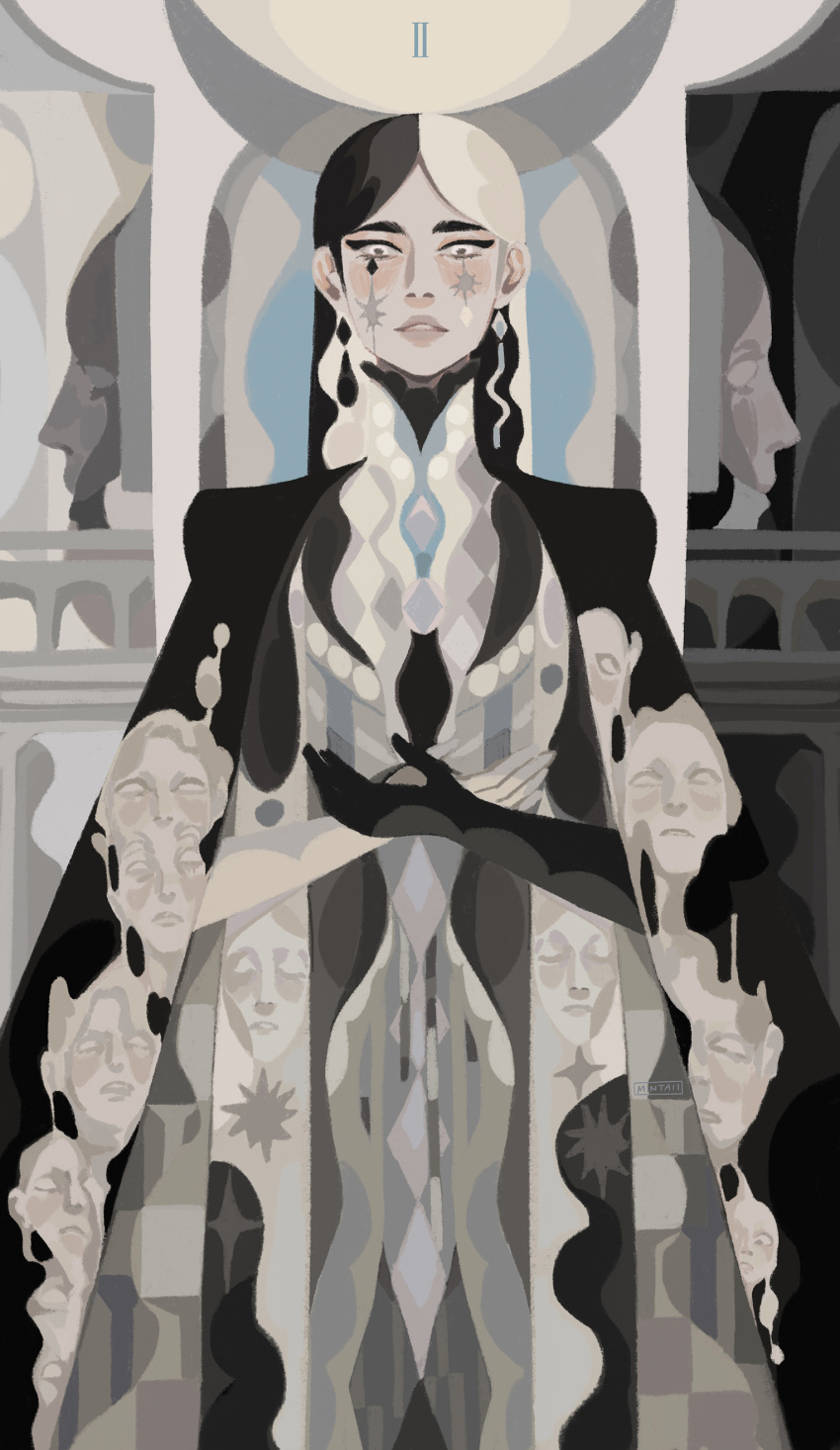 1girl, absurdres, architecture, asymmetrical_gloves, black_gloves, black_hair, cape, card_(medium)