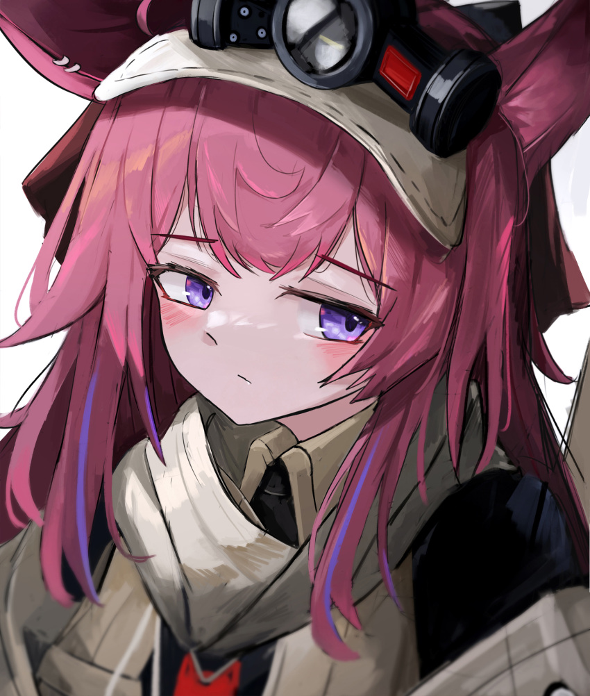 1girl, animal_ears, arknights, blush, closed_mouth, commentary_request, headlamp, highres