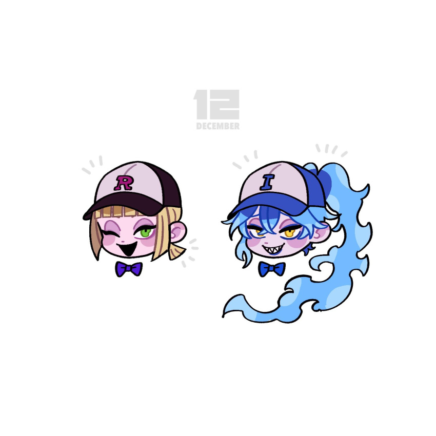 2boys, baseball_cap, blonde_hair, blue_hair, bow, bowtie, commentary, fiery_hair