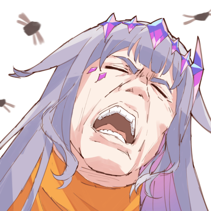 1boy, bug, colored_inner_hair, cosplay, face_jewel, grey_hair, highres, hololive