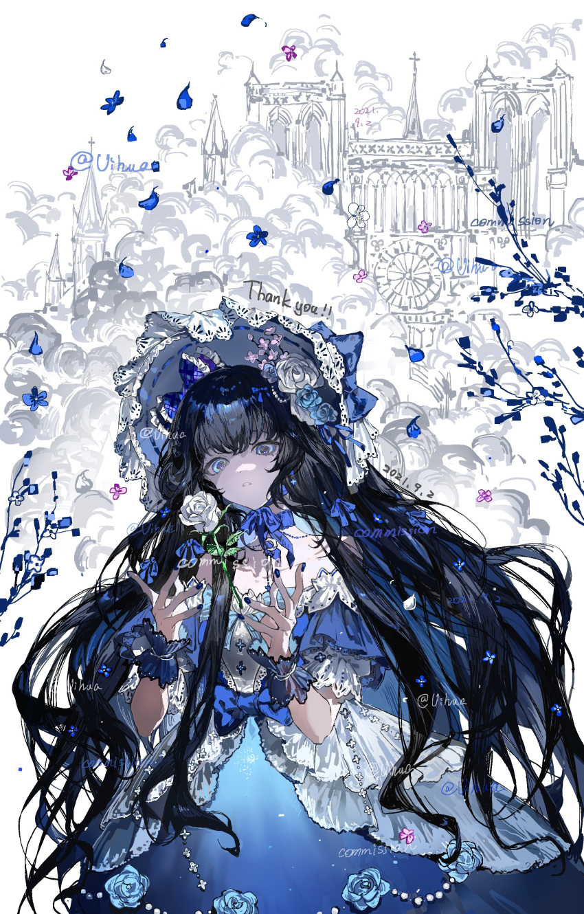 1girl, absurdres, aristocratic_clothes, black_hair, blue_dress, blue_eyes, blue_flower, blue_rose