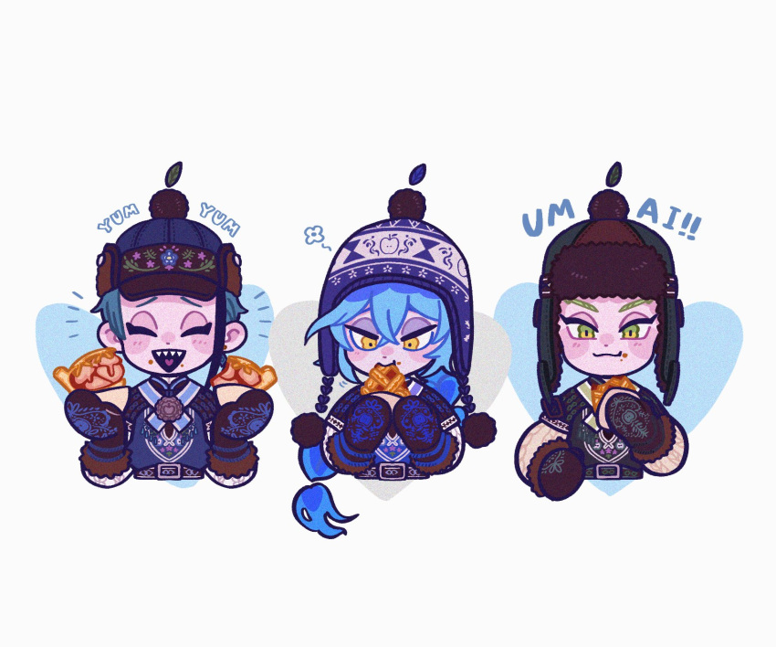3boys, beanie, blue_hair, commentary, earflap_beanie, eating, fiery_hair, food