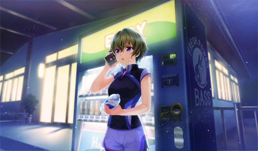 1girl, blurry, bottle, cellphone, cinderella_series, cowboy_shot, crossed_bangs, depth_of_field