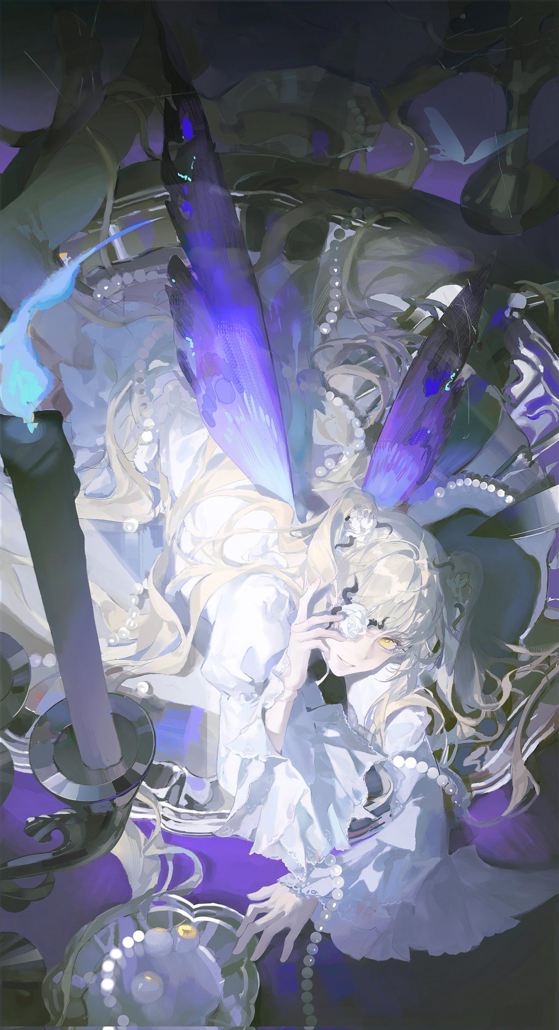 1girl, blonde_hair, candle, candlestand, doll_joints, dress, fairy_wings, flower