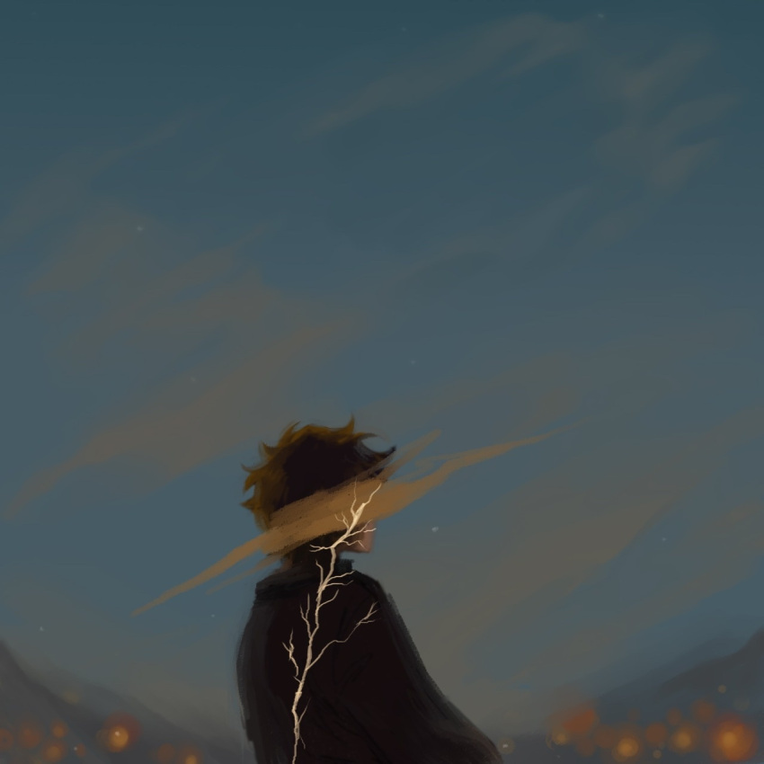 1boy, black_sweater, blue_background, blue_sky, blurry, blurry_foreground, brown_hair, censored