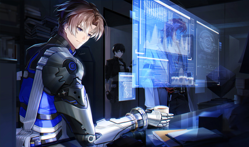 3boys, black_gloves, black_hair, black_jacket, black_pants, blue_eyes, blue_shirt, brown_hair
