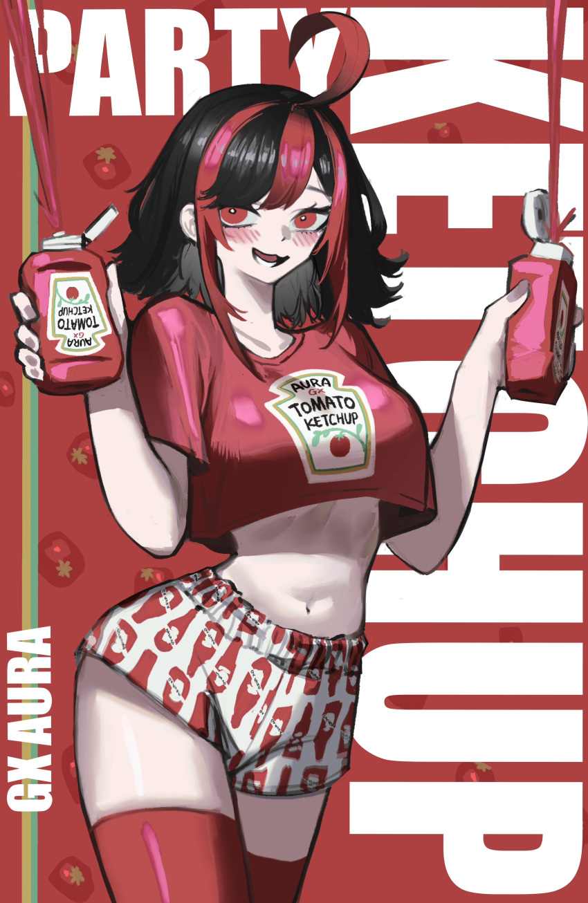 1girl, absurdres, ahoge, black_hair, bottle, character_name, collarbone, crop_top, gx_aura, highres, holding, holding_bottle, huge_ahoge, ketchup, ketchup_bottle, medium_hair, midriff, multicolored_hair, opera_gx, parody, pungson_mori, red_eyes, red_shirt, red_thighhighs, redhead, shirt, short_shorts, shorts, standing, streaked_hair, thigh-highs, tomato, white_shorts