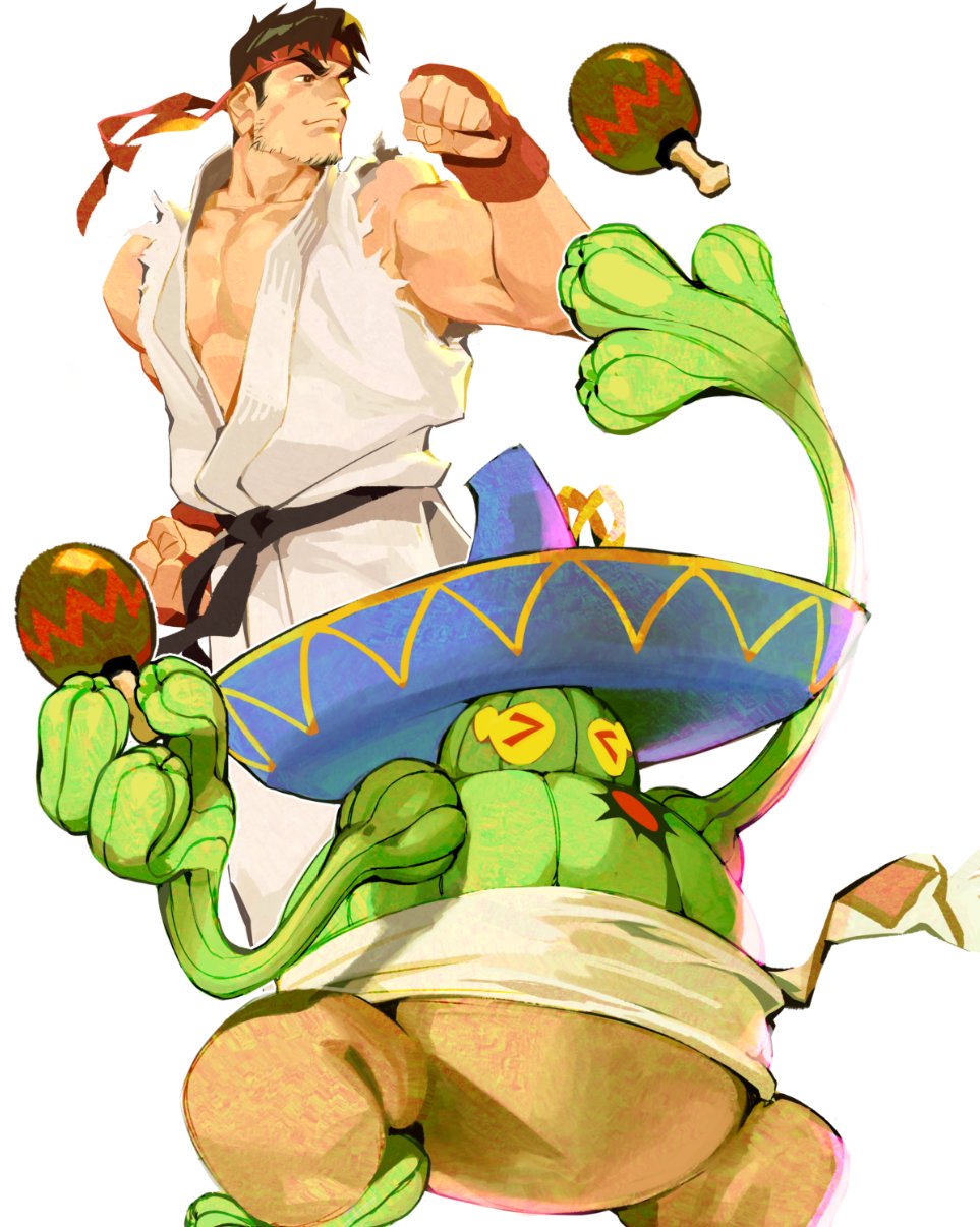 >_<, 2boys, amingo, arm_up, bare_shoulders, beard, belt, biceps