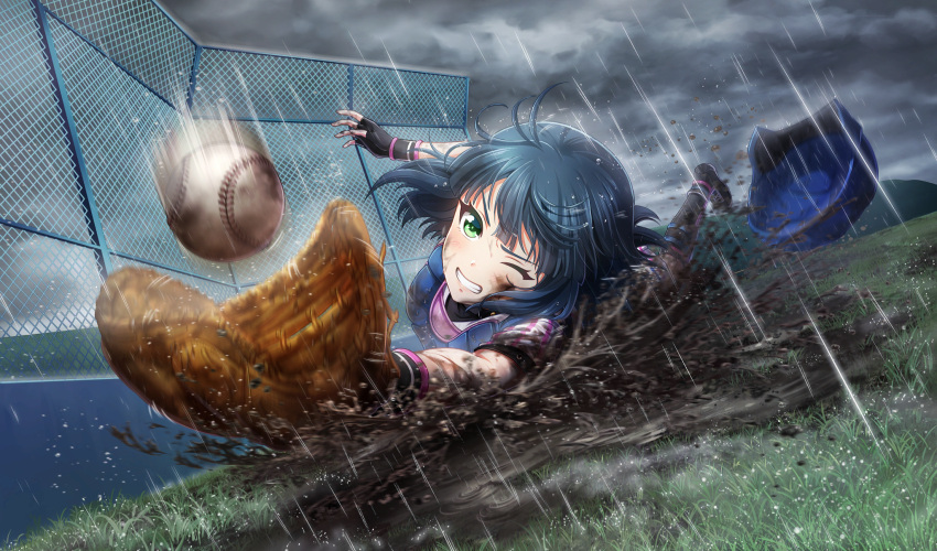 1girl, baseball, baseball_(object), baseball_field, baseball_helmet, baseball_mitt, baseball_uniform, black_footwear
