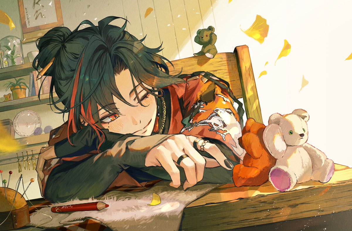 black_hair, black_nails, book, chair, colored_pencil, crossed_arms, dutch_angle, falling_leaves