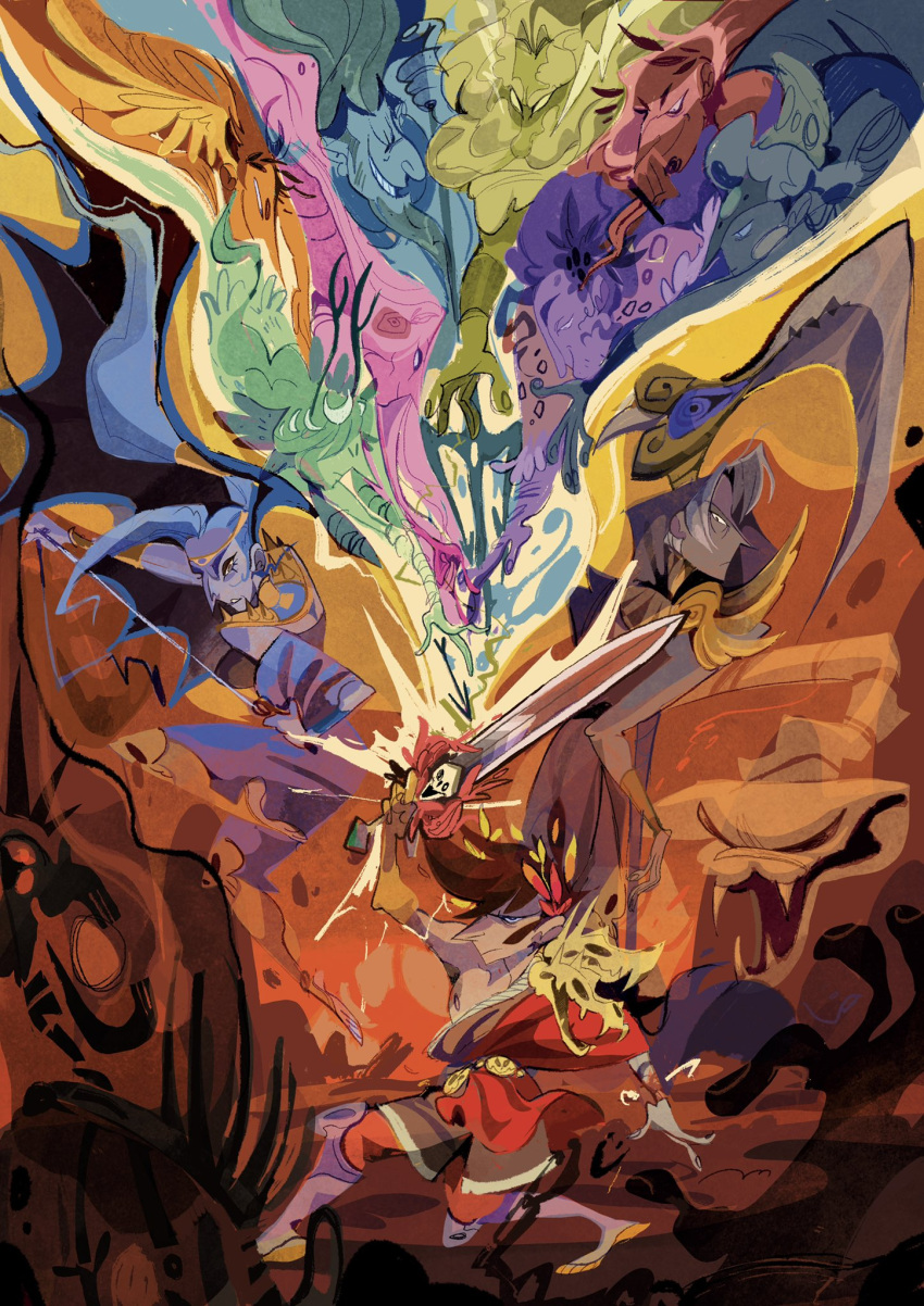 1girl, 2boys, aphrodite_(hades), ares_(hades), arm_up, artemis_(hades), athena_(hades), commentary, dionysus_(hades), english_commentary, full_body, greco-roman_clothes, hades_(series), highres, holding, holding_sword, holding_weapon, laurel_crown, magic, megaera_(hades), miuriine, multiple_boys, poseidon_(hades), red_tunic, skull_pauldron, solo_focus, standing, sword, thanatos_(hades), tunic, weapon, zagreus_(hades), zeus_(hades)