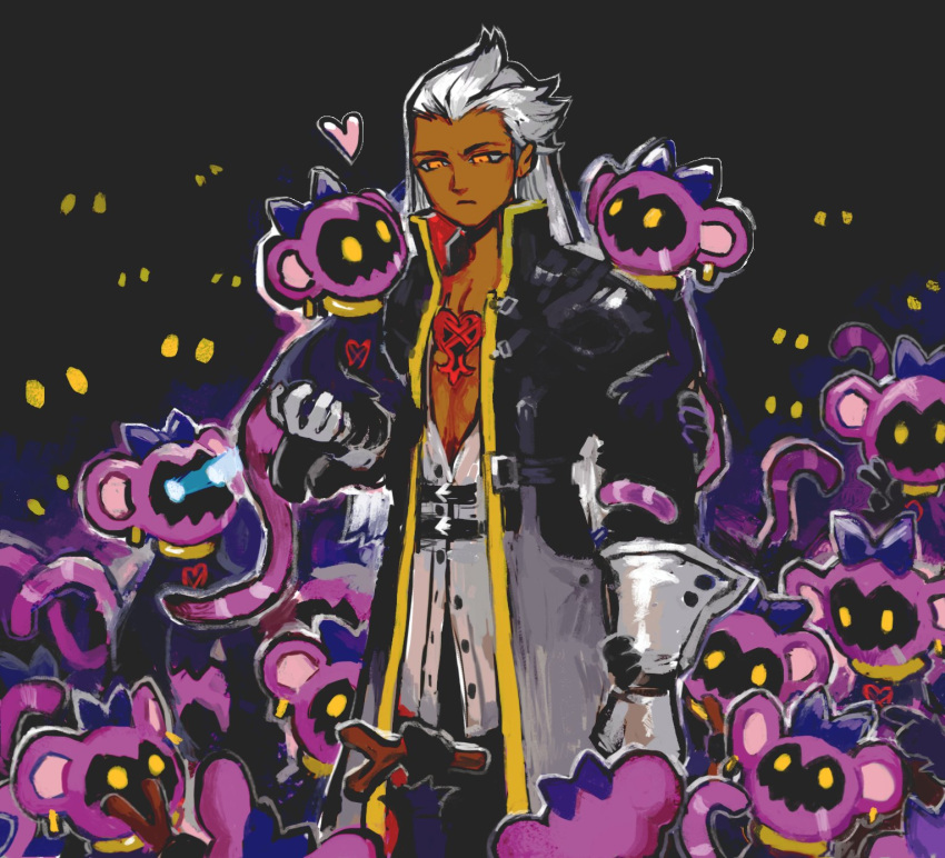 1boy, animal_ear_piercing, ansem_seeker_of_darkness, belt, black_background, black_belt, black_coat, black_pants
