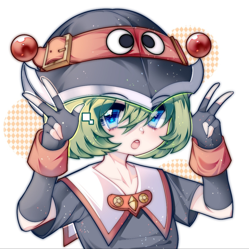 1girl, :o, belt, black_gloves, black_hat, blue_eyes, collarbone, double_v