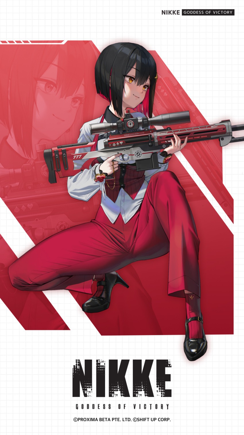 1girl, black_hair, bob_cut, goddess_of_victory:_nikke, gun, high_heels, highres, inverted_bob, official_art, orange_eyes, rifle, rouge_(nikke), short_hair, smile, sniper_rifle, solo, squatting, suit, weapon