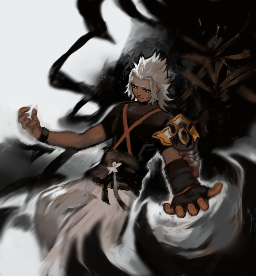 1boy, absurdres, arm_armor, asymmetrical_arms, black_sash, black_shirt, black_wristband, blurry, claws, commentary, dark-skinned_male, dark_skin, depth_of_field, english_commentary, fingerless_gloves, foreshortening, gloves, grey_hair, grey_outline, grey_pants, hakama, hakama_pants, hands_up, highres, japanese_clothes, kingdom_hearts, kingdom_hearts_birth_by_sleep, light_smile, looking_to_the_side, male_focus, medium_hair, monster, orange_eyes, pants, parted_bangs, sash, shirt, short_sleeves, shoulder_strap, snoozaga, solo, spiky_hair, terra-xehanort, tight_clothes, turtleneck, turtleneck_shirt