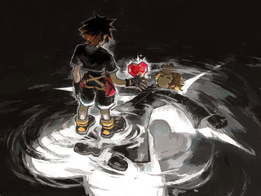 2boys, absurdres, black_coat, black_coat_(kingdom_hearts), black_footwear, black_gloves, black_jacket, black_shorts