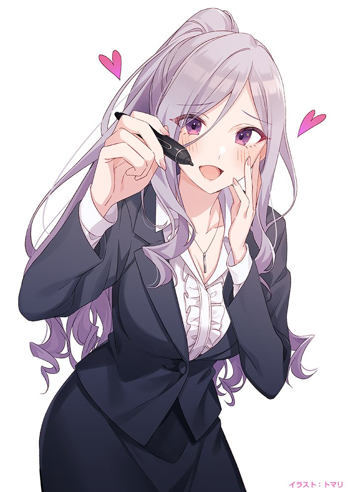 1girl, artist_name, black_jacket, black_skirt, blush, commentary_request, cowboy_shot, grey_hair