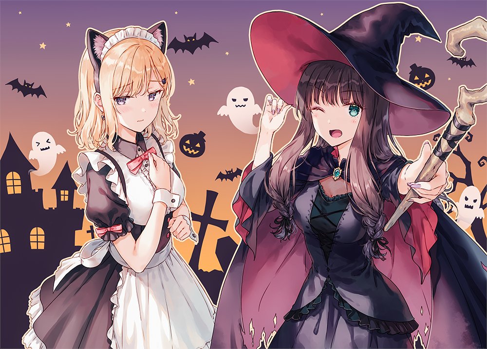 2girls, ;d, adjusting_clothes, adjusting_headwear, animal_ear_hairband, animal_ears, aqua_eyes, ayase_saki