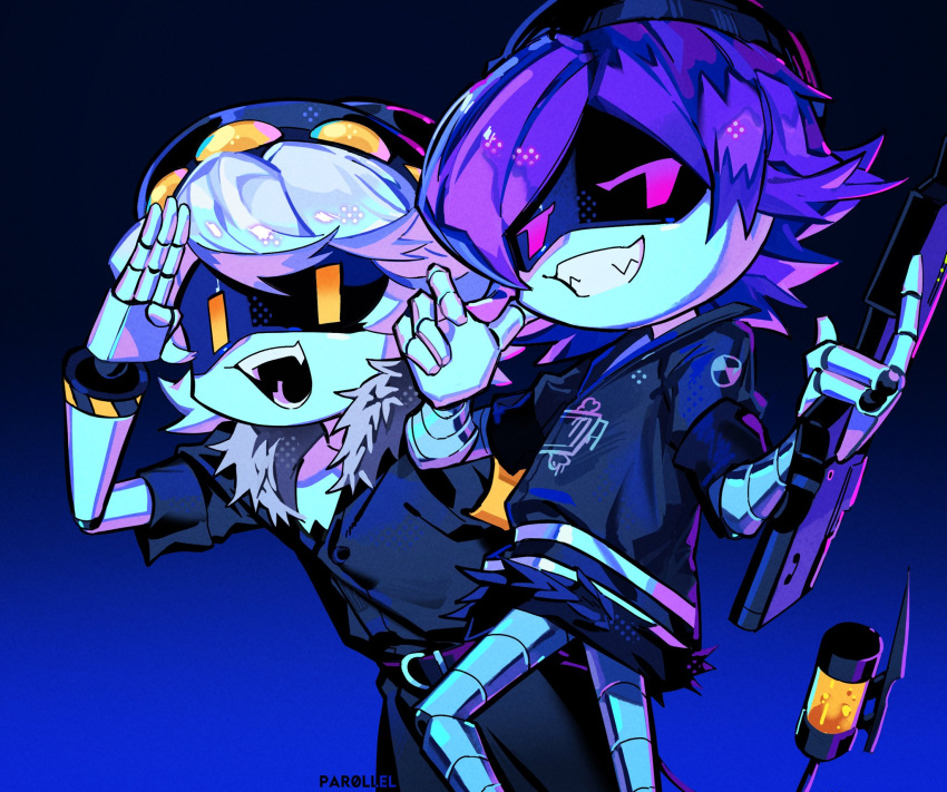 1boy, 1girl, artist_name, beanie, black_background, black_hat, black_jacket, blue_background, buttons, commentary, english_commentary, feet_out_of_frame, fewer_digits, finger_to_cheek, flipped_hair, fur-trimmed_jacket, fur_trim, gradient_background, grin, halftone, hat, highres, holding, humanoid_robot, jacket, joints, looking_at_viewer, murder_drones, n_(murder_drones), open_mouth, par0llel, pink_eyes, purple_hair, robot, robot_joints, salute, short-sleeved_jacket, short_hair, short_sleeves, simple_background, smile, teeth, uzi_(murder_drones), white_hair, yellow_eyes