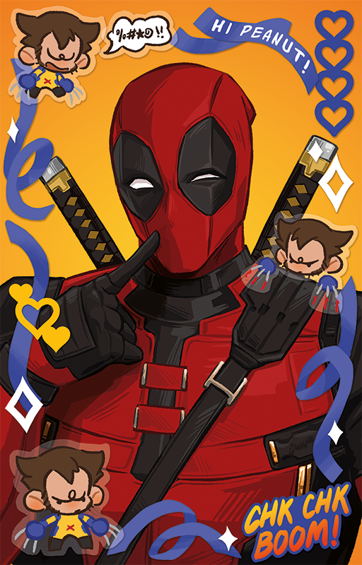 black_gloves, bodysuit, brown_hair, chibi, claw_(weapon), commentary, confetti, deadpool