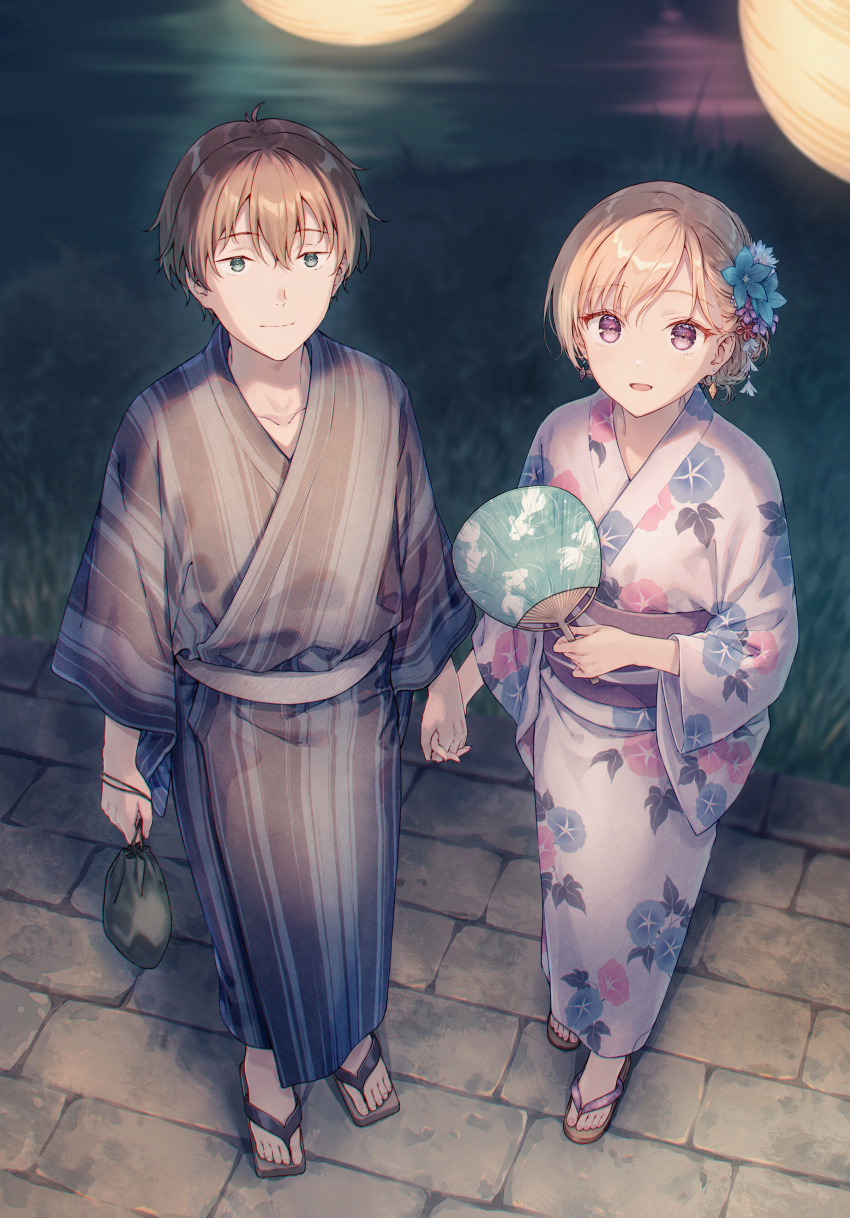 1boy, 1girl, absurdres, aqua_eyes, asamura_yuuta, asymmetrical_bangs, ayase_saki, black_kimono