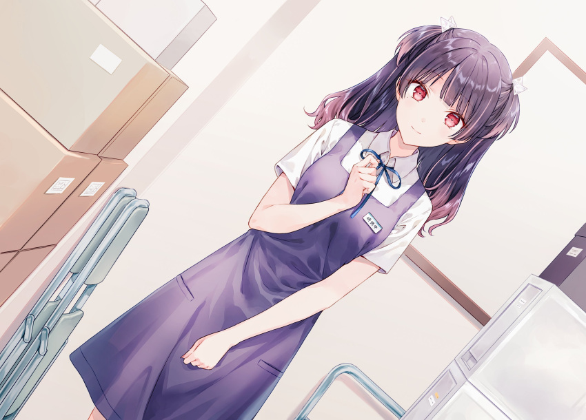 1girl, apron, blue_ribbon, box, cardboard_box, closed_mouth, commentary_request, dutch_angle